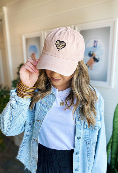 Heart to Heart Baseball Cap in Blush, washed pink look, heart patch with leopard detiailing
