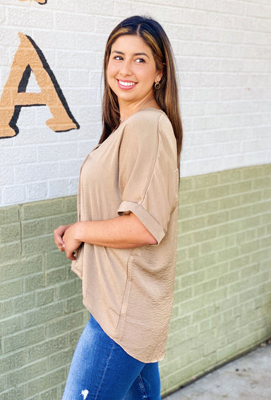 High-Low Hailey Blouse in Taupe, high low blouse with pleat detail, rolled sleeves