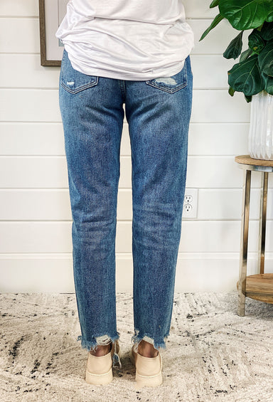 High Rise Distressed Mom Jeans by Vervet, medium washed distressed high waisted mom jeans 