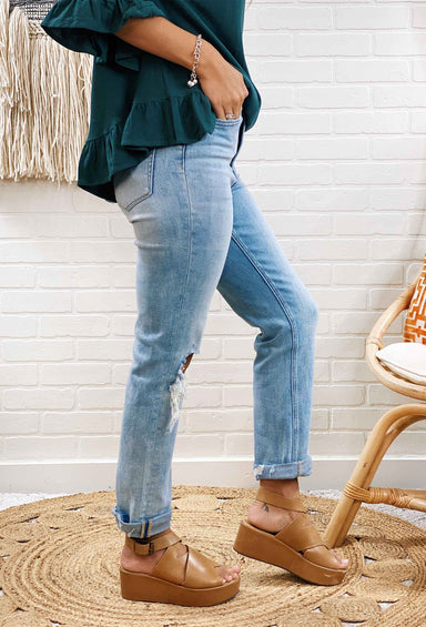 High Rise Straight Roll Up Jeans by Vervet,light washed straight jeans with distressed knee hole