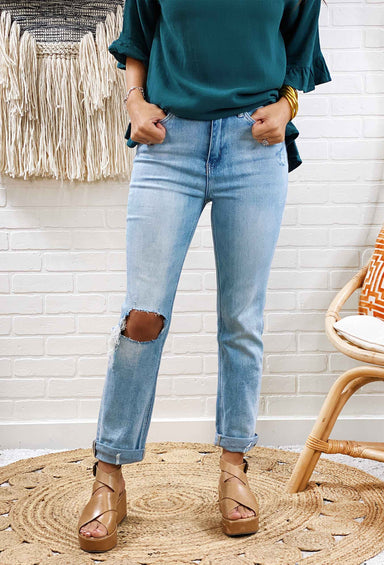 High Rise Straight Roll Up Jeans by Vervet,light washed straight jeans with distressed knee hole