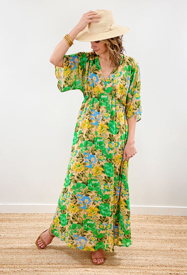 In Full Bloom Floral Maxi Dress, green and yellow floral maxi dress, v-neck