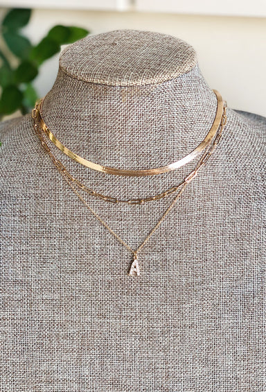 Initial Three Layer Necklace, Made up of a short snake chain, a medium sized link middle chain and a dainty chain with a crystal initial