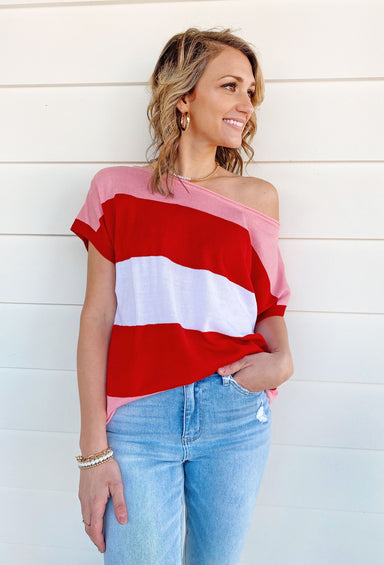 Instant Crush Striped Top. pink, red and white striped top, off the shoulder