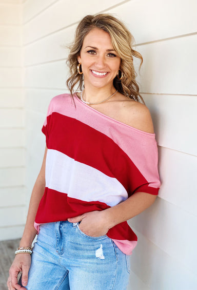 Instant Crush Striped Top. pink, red and white striped top, off the shoulder