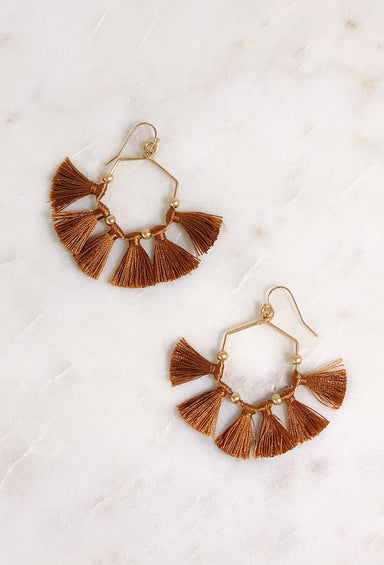 Isla Hexagon Tassel Earrings in Tan, hexagon shaped drop earrings with tan threaded tassels hanging off 
