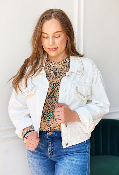 Jenny Pearl Denim Jacket, white denim jacket, pearl detailing