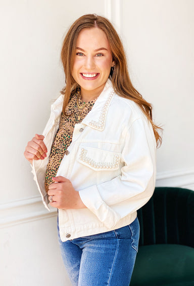 Jenny Pearl Denim Jacket, white denim jacket, pearl detailing