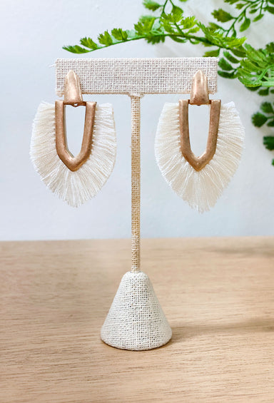 Jess Fringe Earrings in Ivory, gold geometric earring with ivory fringe