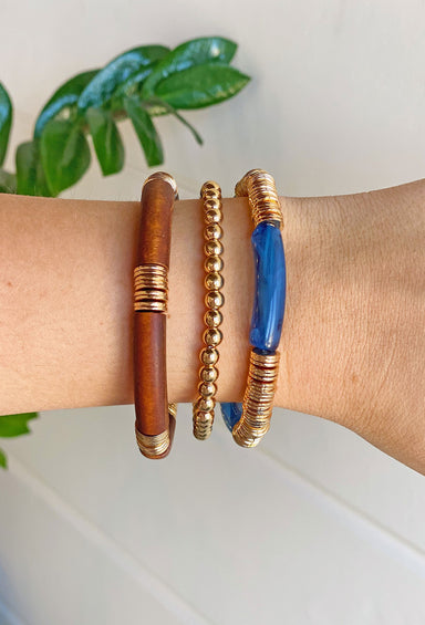 Jessie Bracelet Set in Multi, set of 3 bracelets, one brown and gold, gold beads and one blue and gold