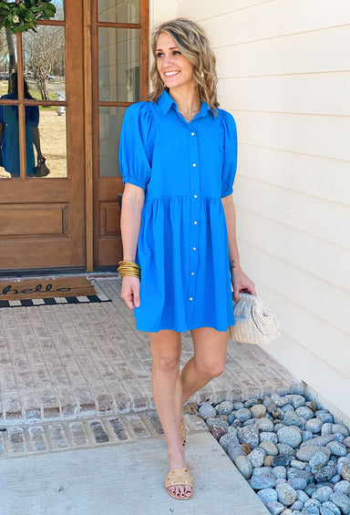 Just a Crush Dress in Blue, bright blue dress, pearl buttons, puff sleeve, collared neck