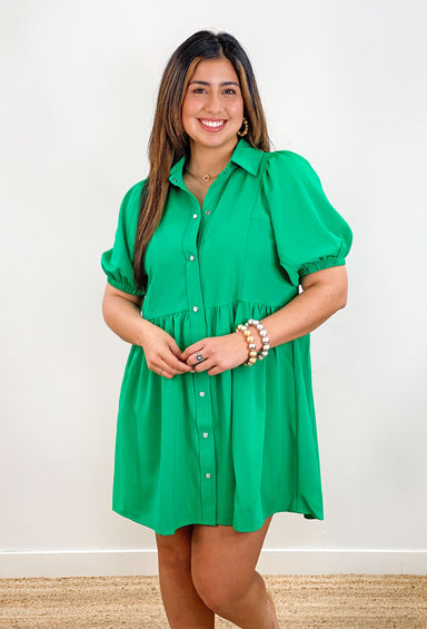 Just a Crush Dress in Green, green button up dress, puff sleeves 