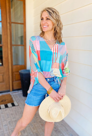 Just My Stripe Blouse, v-neck blouse with different colored striped all over shirt