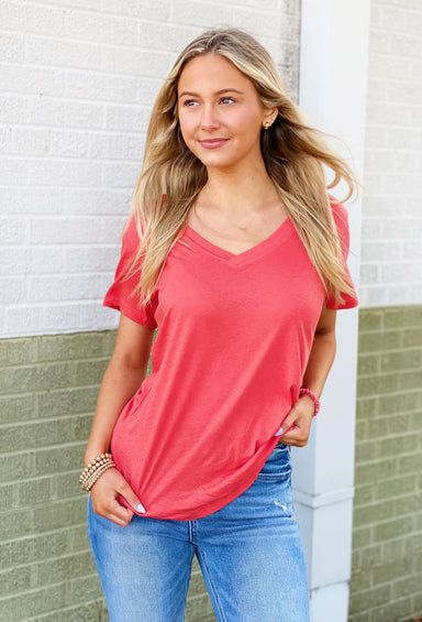 Z SUPPLY Kasey Modal V-Neck Tee in Firecracker, short sleeve v-neck top 