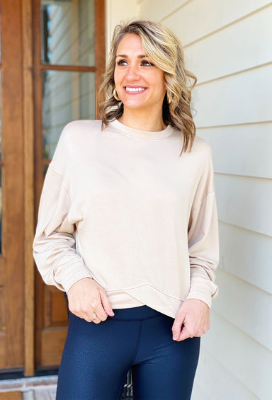 Keeping Cozy Pullover in Tan, tan pullover with v detail at the hem