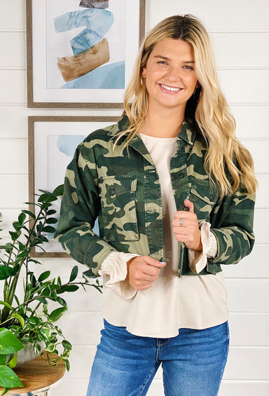 Kelli Cropped Camo Jacket, cropped denim green camo jacket with dark green buttons 
