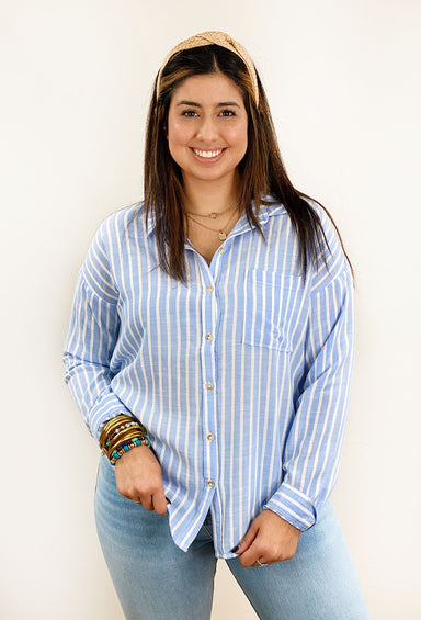 Kenzie Striped Button Up Top, blue and white striped button up top, front pocket