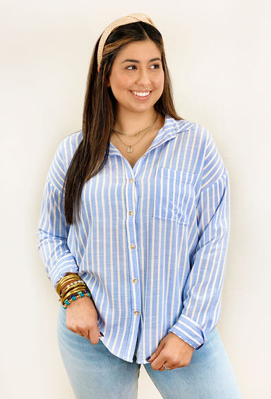 Kenzie Striped Button Up Top, blue and white striped button up top, front pocket
