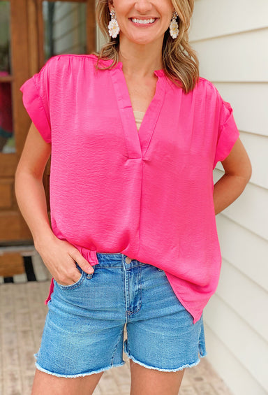 Kylie Blouse in Pink, pink short sleeve blouse, slits on the side