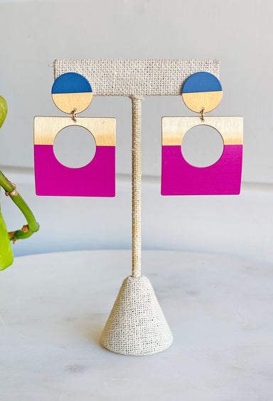 Lasting Daydream Earrings, square earrings, curved, with blue and pink detailing, post back