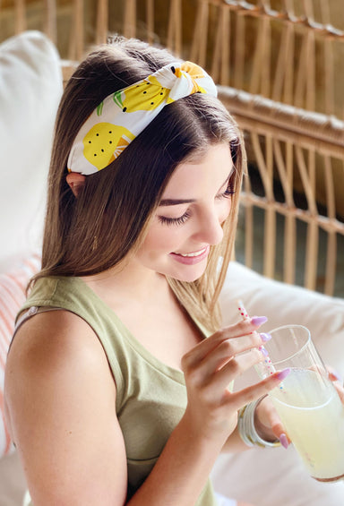 Lucy Lemon Headband, knotted cotton headband with a summer lemon print on it 