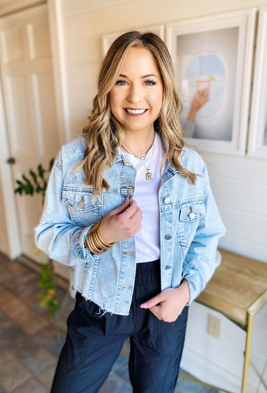 Light Wash Corded Denim Jacket,  light-weight corded design, contrasting golden stitching silver buttons and distressed detail