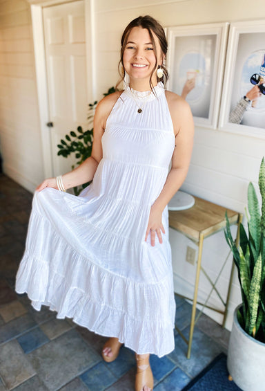 Lisbeth White Tiered Maxi Dress, white maxi dress, tiered dress, ruffle neck, self tie in the back