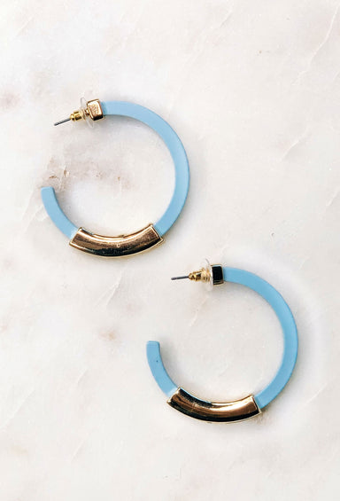 Lita Hoop Earrings in Sky Blue, light blue hoop earrings with gold bar 
