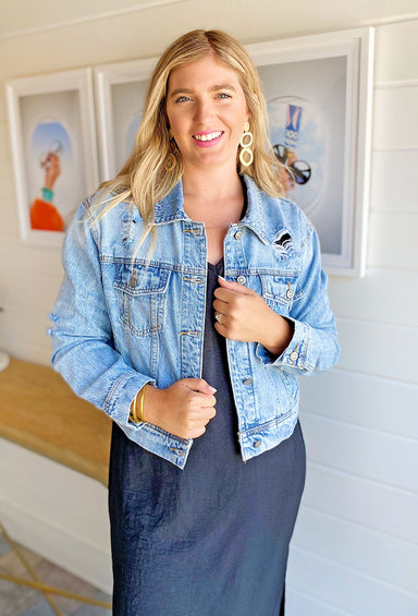 Love To Layer Distressed Denim Jacket, distressed denim jacket, medium washed, distressed on the sleeve, button up, front pockets