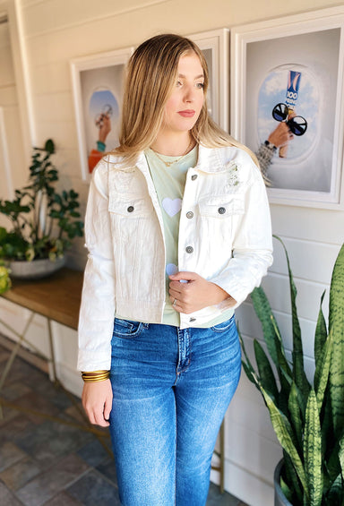 Love To Layer Distressed Denim Jacket, white denim, cropped 