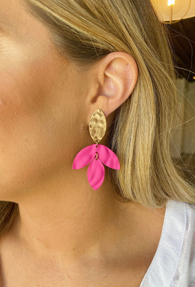 Love you always Earrings in Fuchsia, matte rubber coated, hammered gold post backing