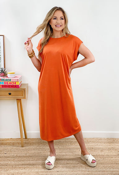 Lucy Midi Dress in Orange, orange midi dress