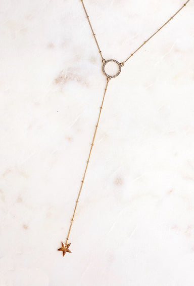 Luna Lariat Necklace, y shaped lariat necklace with crystal pave circle and gold star pendant 