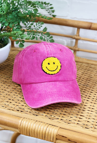 Make You Smile Baseball Cap in Fuchsia, fuchsia pink baseball cap, yellow smiley face patch