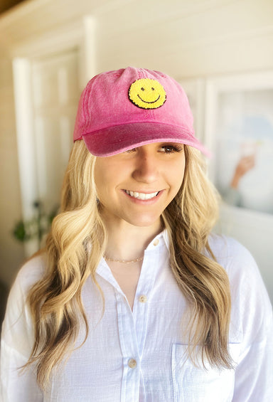 Make You Smile Baseball Cap in Fuchsia, fuchsia pink baseball cap, yellow smiley face patch