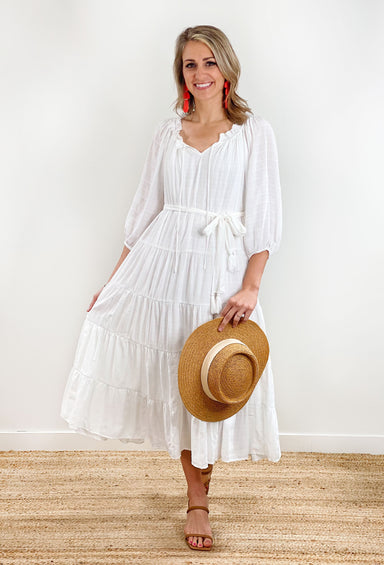 Make A Toast Midi Dress, white tiered dress with tie around the waist, ruffle along neckline and drawstring detailing 