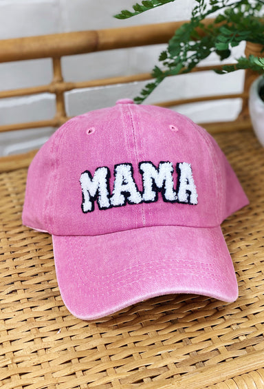 Mama Baseball Cap in Pink, light wash pink hat,  "mama" patch across front