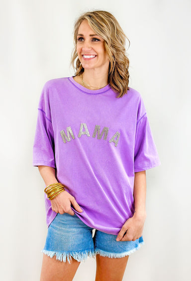 Mama Rhinestone Top, purple oversized top with rhinestoned "mama" across the chest