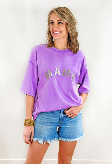 Mama Rhinestone Top, purple oversized top with rhinestoned "mama" across the chest