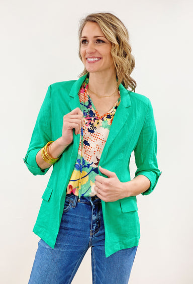 Marley Linen Blazer in Green, linen blazer, front pocket