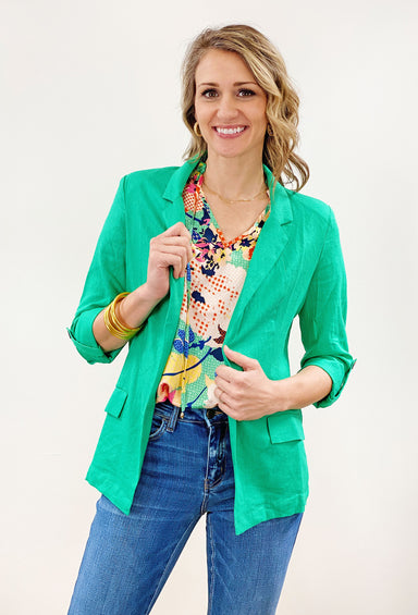 Marley Linen Blazer in Green, linen blazer, front pocket