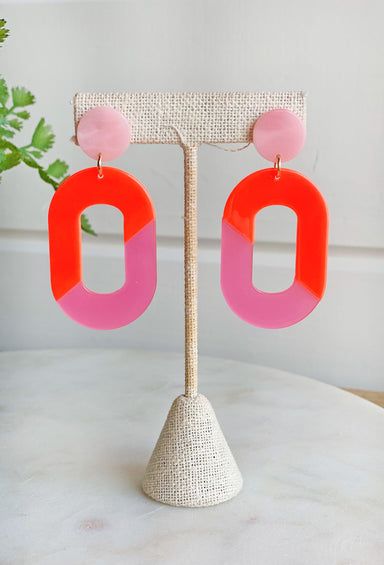 Miami Nights Earrings, neon pink and orange color block earrings