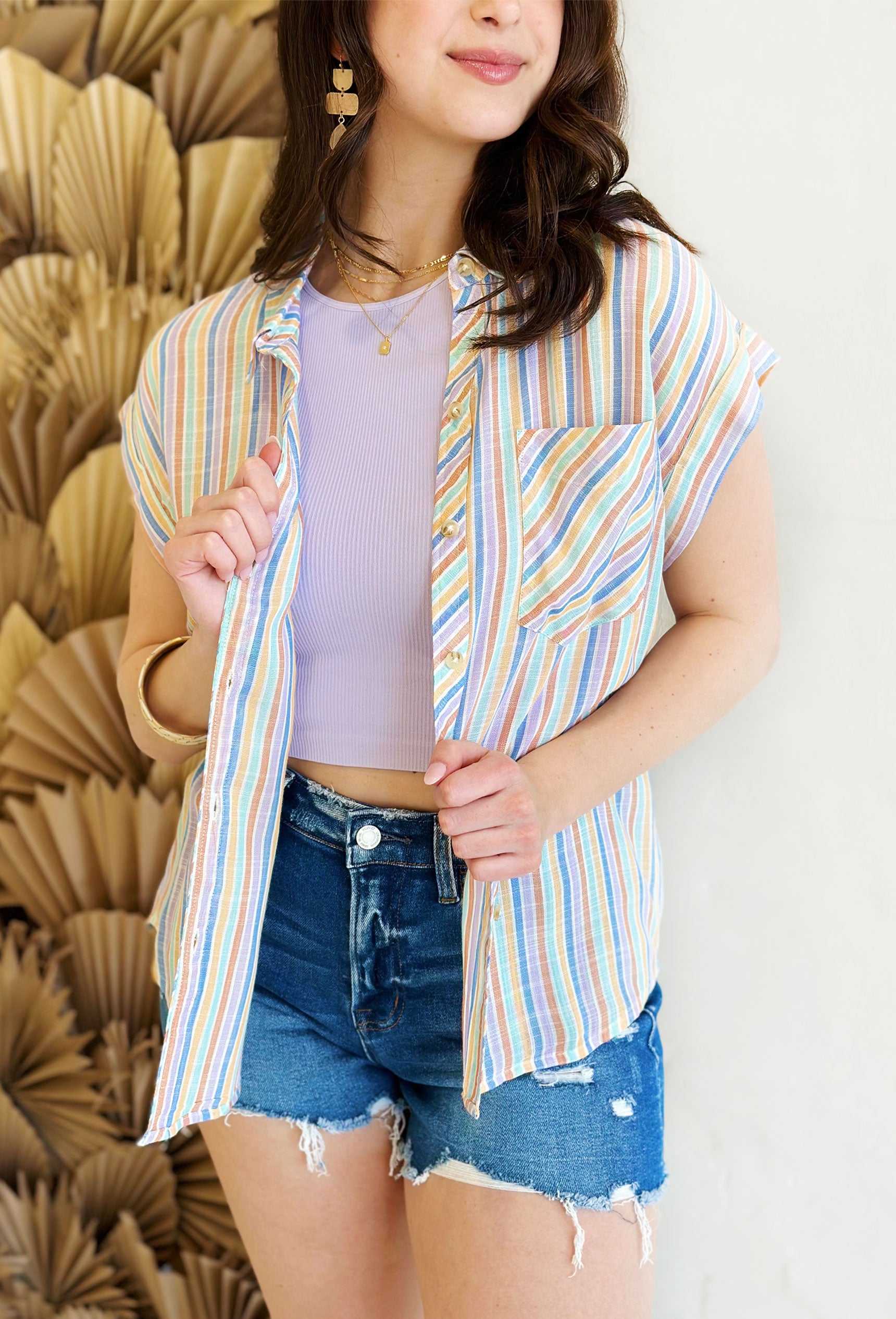 Mind on Malibu Striped Top, pastel colored button up top with front pocket