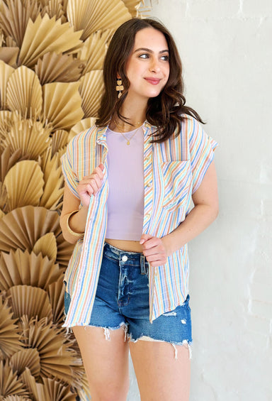 Mind on Malibu Striped Top, pastel colored button up top with front pocket