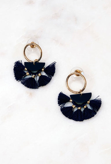 Mini Navy Fringe Earrings, small dangle navy fringe earrings on gold hoop with post backing 