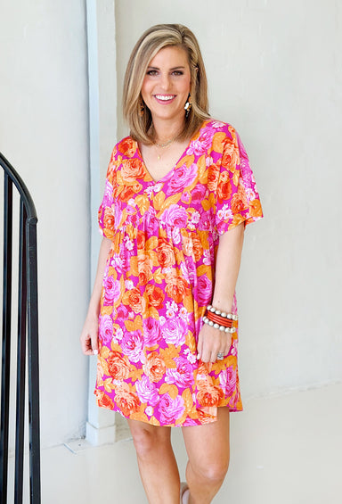 Missing You Floral Dress, pink mini dress with pink and orange floral design, v-neck detail