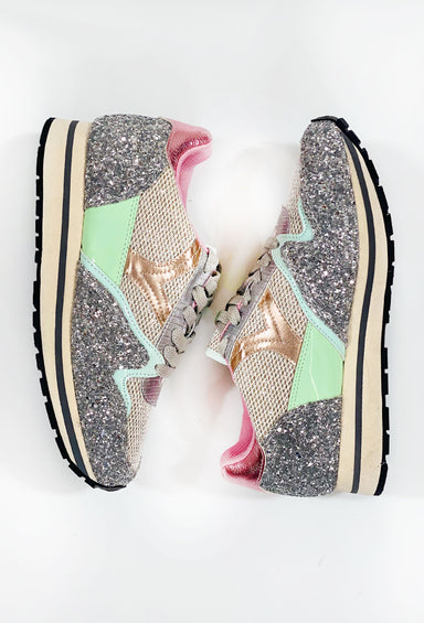 Miumiu Platform Sneakers, platform sneakers with silver glitter and colorful sides
