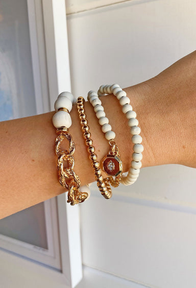 Modern Love Bracelet Set, neutral beaded detailing, a gold chain, and charm accents