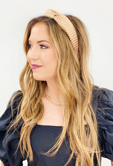 Molly Woven Headband in Beige, woven headband in tan, faux knot on top