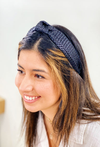 Molly Woven Headband in Black, black woven headband with faux knot on top